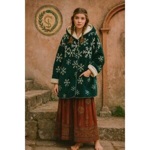 Nordic Lights Womens Reversible Fleece Coat Size L Green Crystals Snowflake NEW